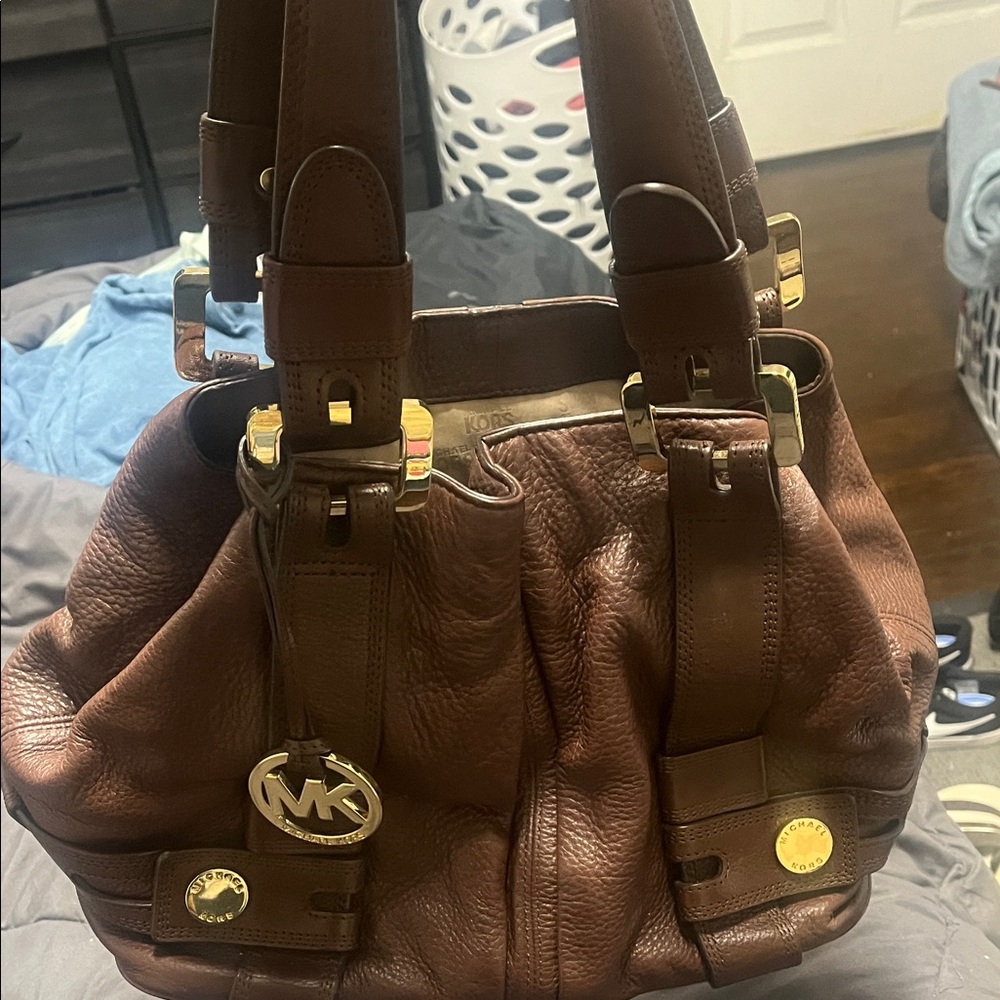 Michael Kors Brown Leather Shoulder Bag with Gold Hardware